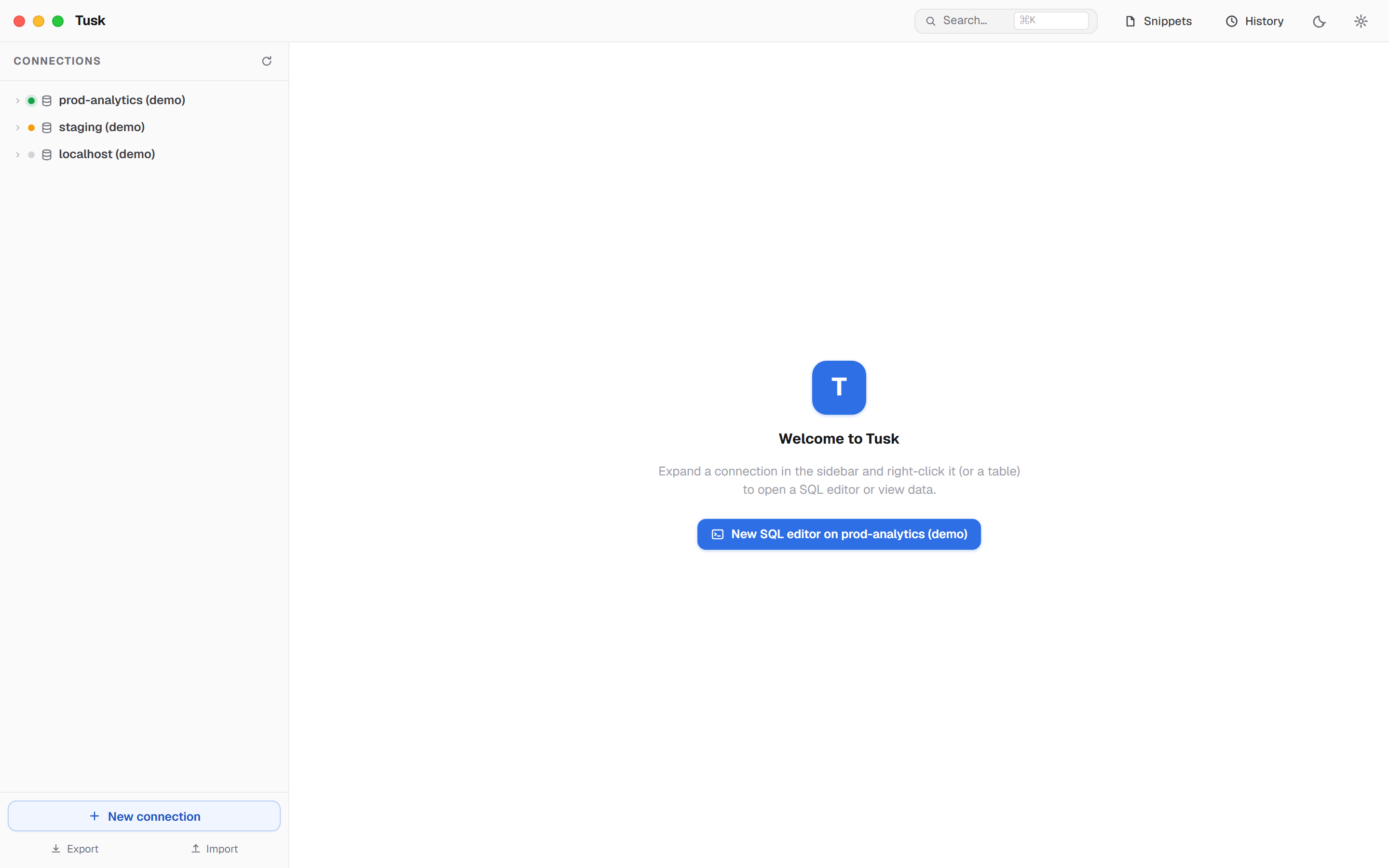 Tusk connection-first workspace
