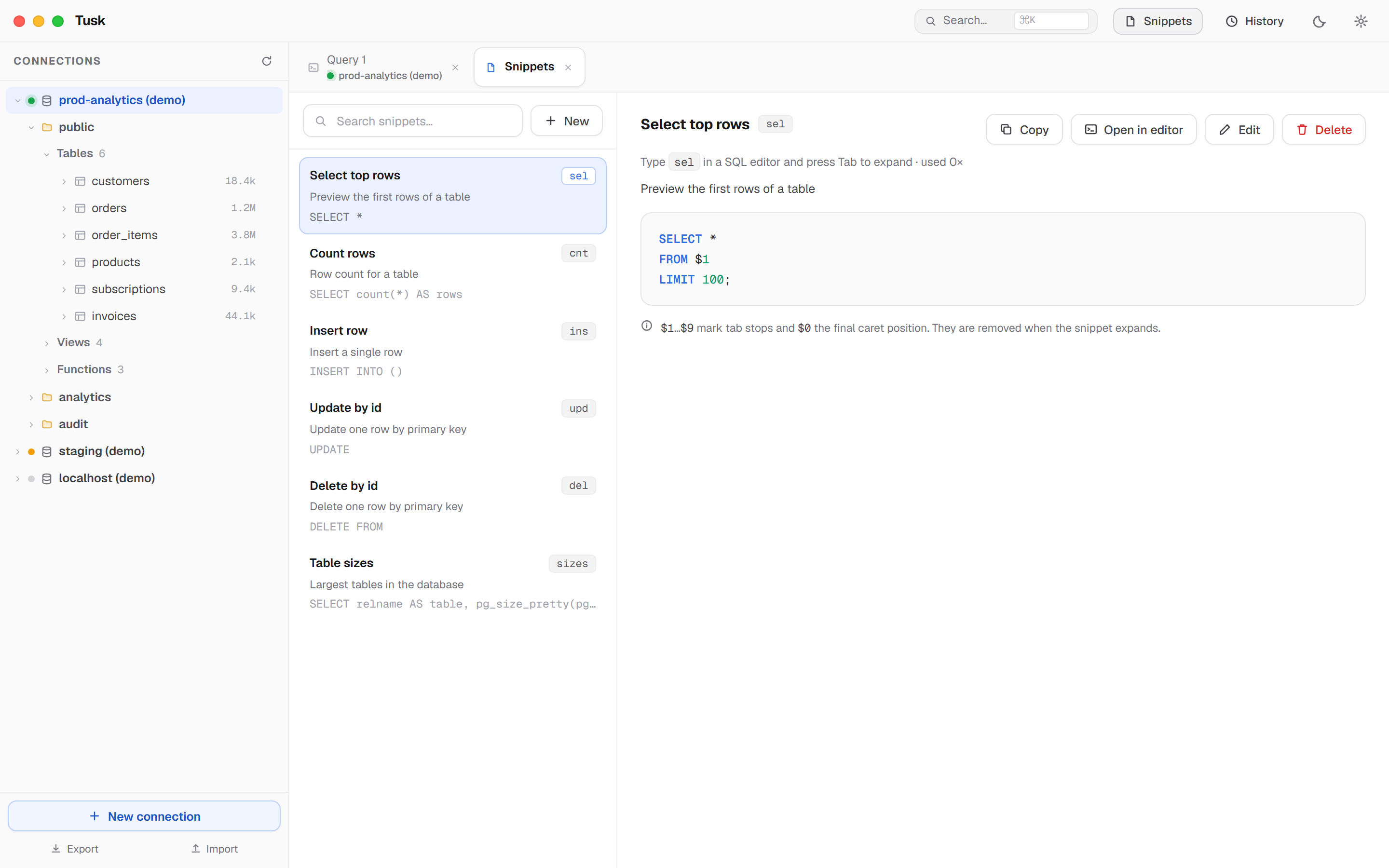 Tusk reusable SQL snippets