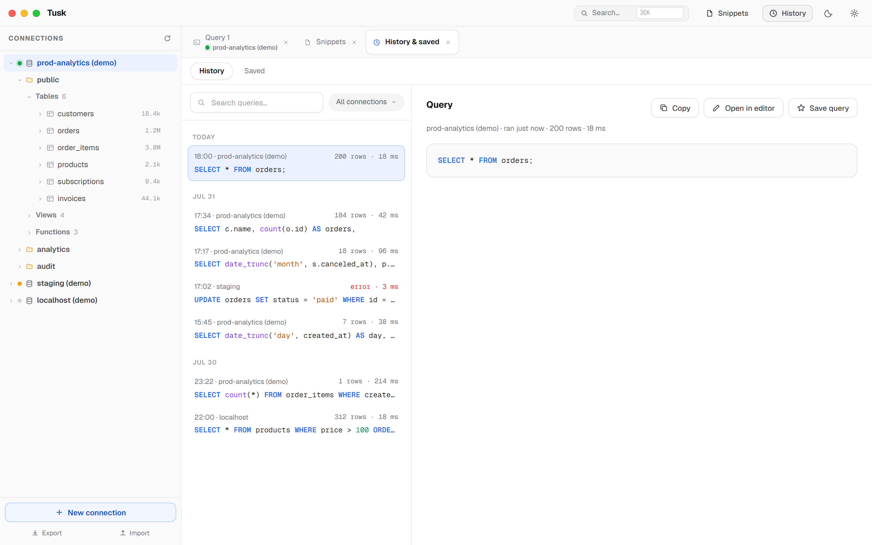 Tusk query history and saved queries
